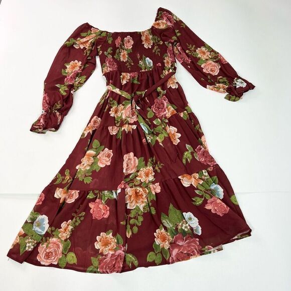 Vici Midi Dress Women XL Burgundy Floral Smocked Square Neck Belted Waist Tiered - Picture 11 of 12